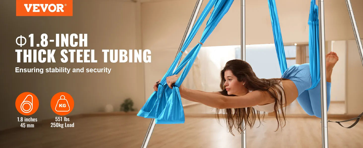 Het VEVOR aerial yoga frame met 1,8 inch dikke stalen buizen zorgt voor stabiliteit en veiligheid tijdens aerial yoga.