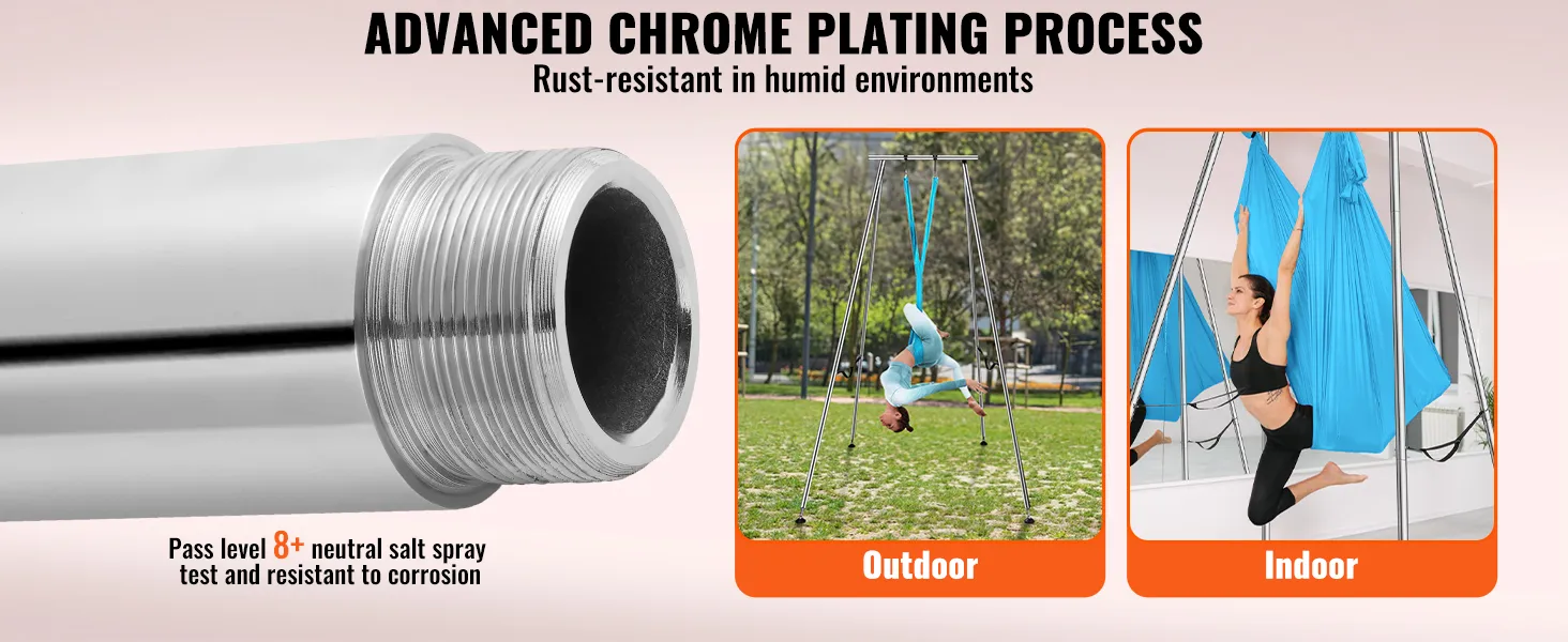 VEVOR aerial yoga frame: roestbestendig verchroomd voor binnen- en buitengebruik.