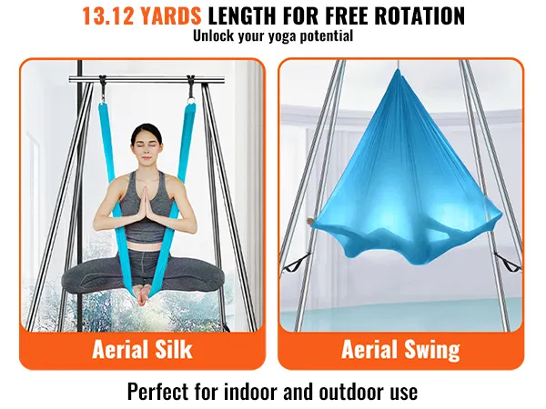 VEVOR aerial yoga frame met blauwe aerial zijde en aerial swing, ideaal voor binnen- en buitengebruik.