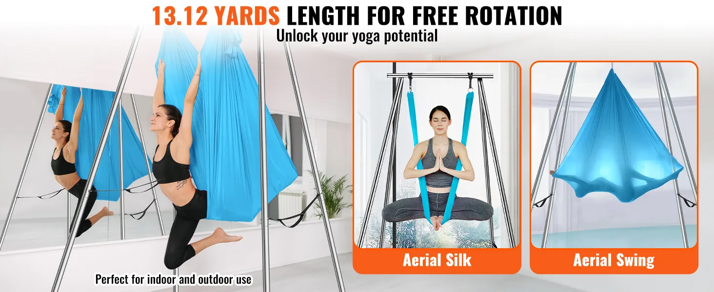 VEVOR aerial yoga frame met blauwe aerial zijde en aerial swing, ideaal voor binnen- en buitengebruik.