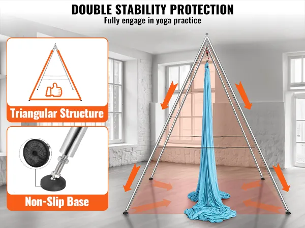 VEVOR aerial yoga frame met driehoekige structuur en antislipbasis in een goed verlichte ruimte.