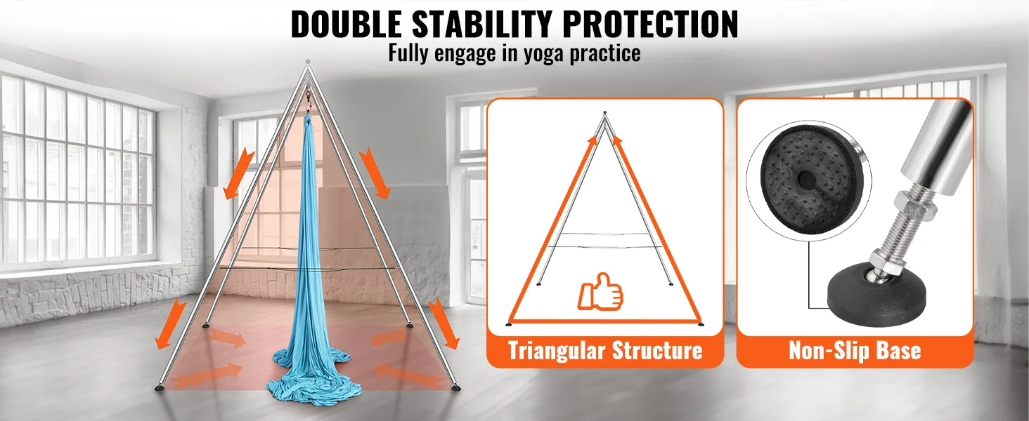 VEVOR aerial yoga frame met driehoekige structuur en antislipbasis in een goed verlichte ruimte.