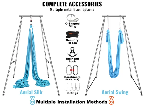 Complete accessoires voor het VEVOR aerial yoga frame met aerial silk, swing en installatie-opties.