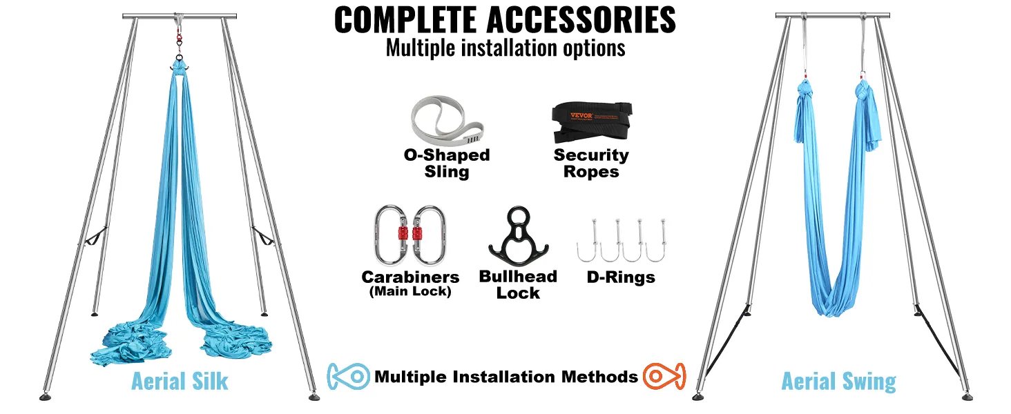 Complete accessoires voor het VEVOR aerial yoga frame met aerial silk, swing en installatie-opties.