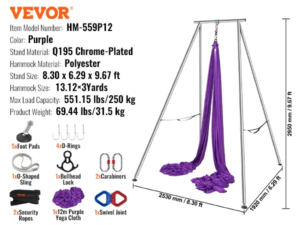 VEVOR aerial yoga frame met paars polyester doek en q195 verchroomde standaard, draagvermogen van 250,4 kg.