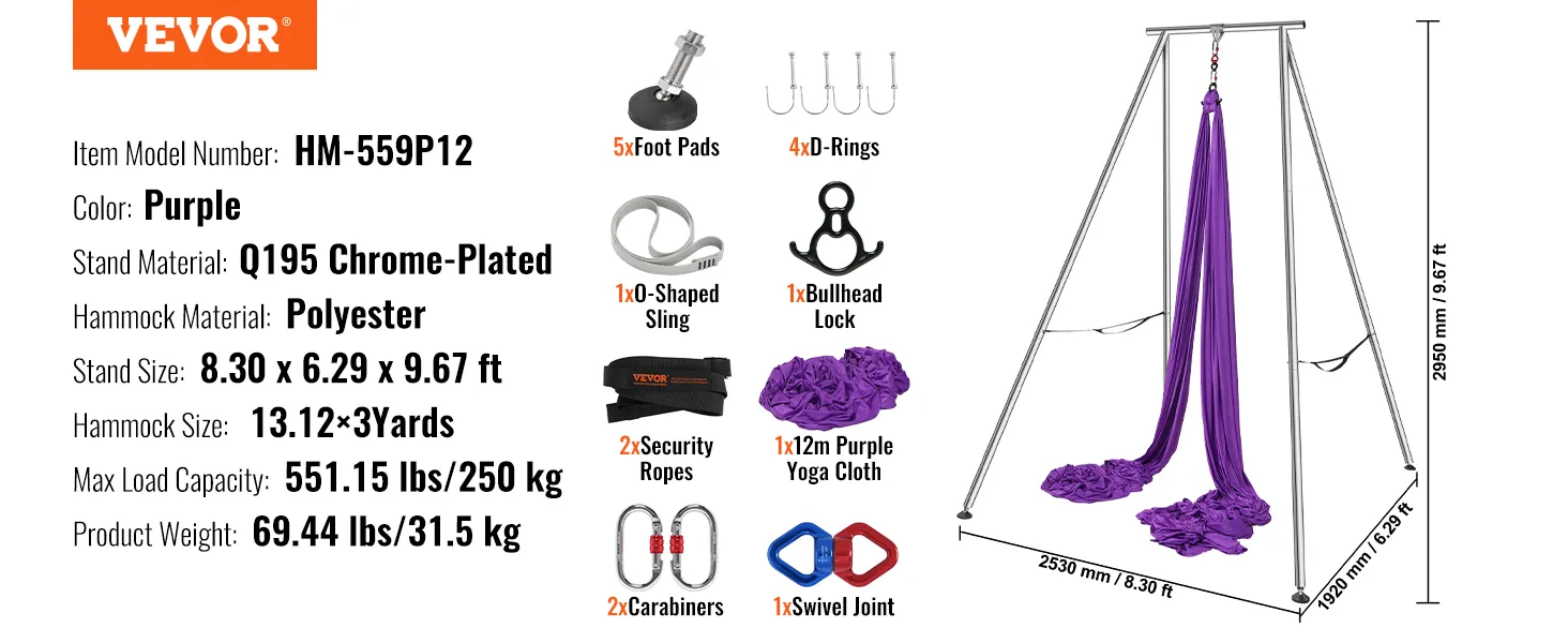 VEVOR aerial yoga frame with purple polyester cloth and q195 chrome-plated stand, 551.15 lbs capacity.