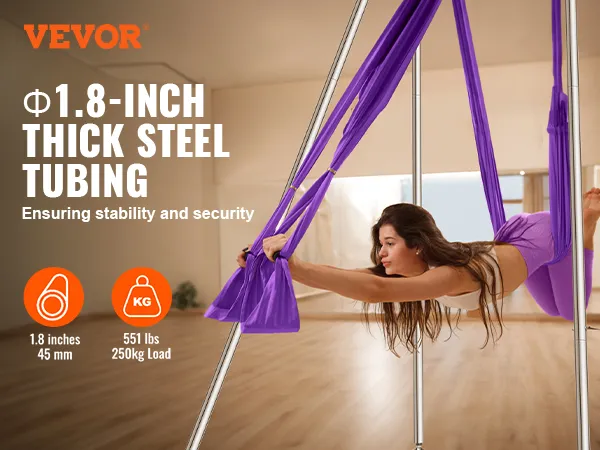 VEVOR aerial yoga frame met 4,6 cm dikke stalen buizen, die 250 kg kunnen dragen voor stabiliteit en veiligheid.