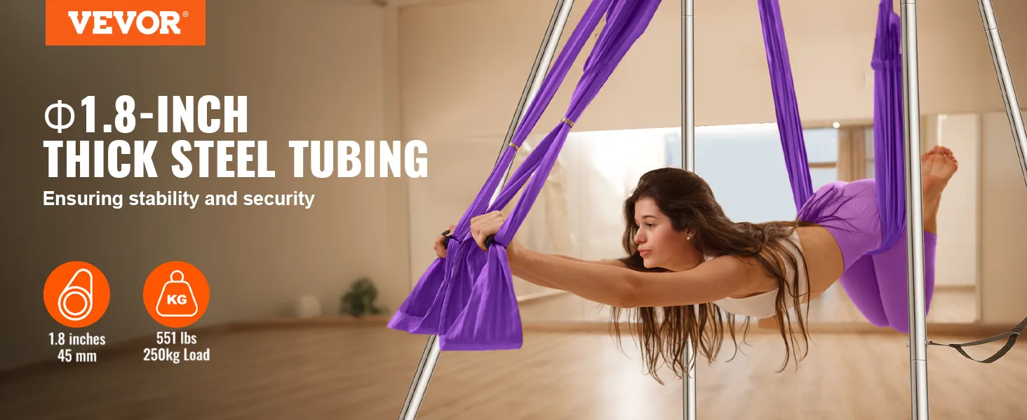 VEVOR aerial yoga frame with 1.8-inch thick steel tubing, supporting 551 lbs for stability and security.