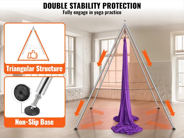 VEVOR aerial yoga frame met driehoekige structuur en antislip onderkant voor dubbele stabiliteitsbescherming.