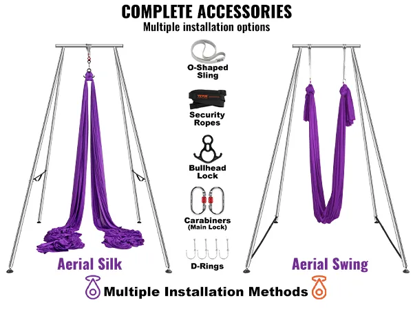 VEVOR aerial yoga frame met accessoires voor aerial silks en aerial swing; o-vormige draagband, veiligheidslijnen, karabijnhaken.