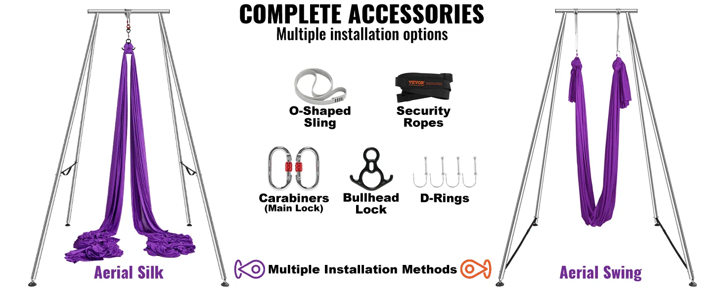 VEVOR aerial yoga frame with accessories for aerial silks and aerial swing; o-shaped sling, security ropes, carabiners.