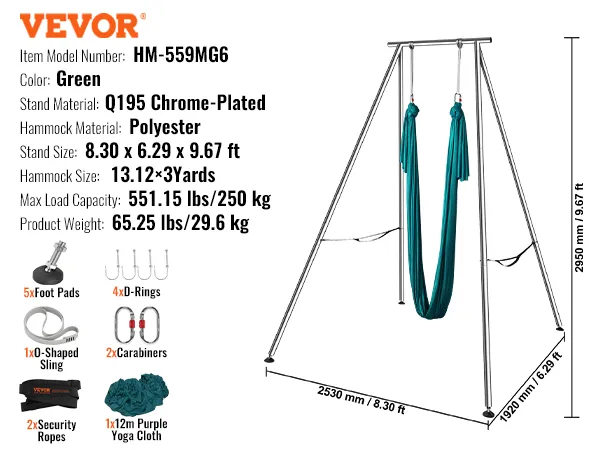VEVOR aerial yoga frame details, model hm-559mg6, groene polyester hangmat, q195 verchroomde standaard.