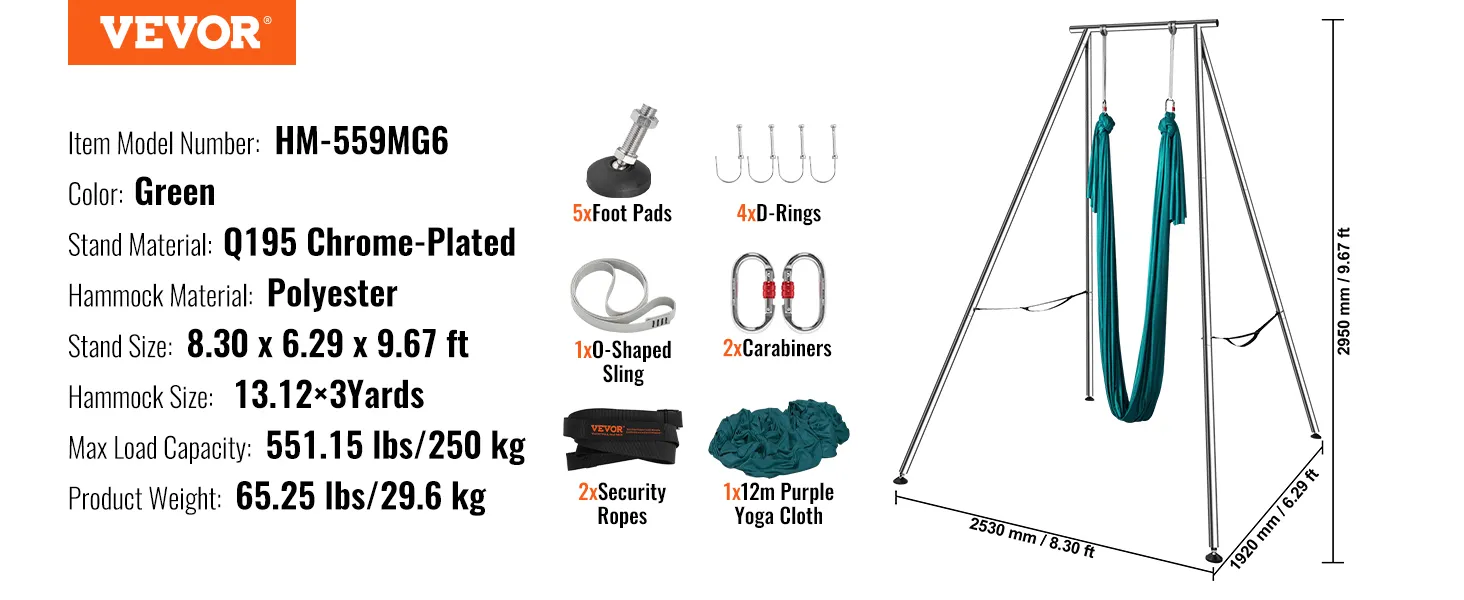 VEVOR aerial yoga frame details, model hm-559mg6, green polyester hammock, q195 chrome-plated stand.