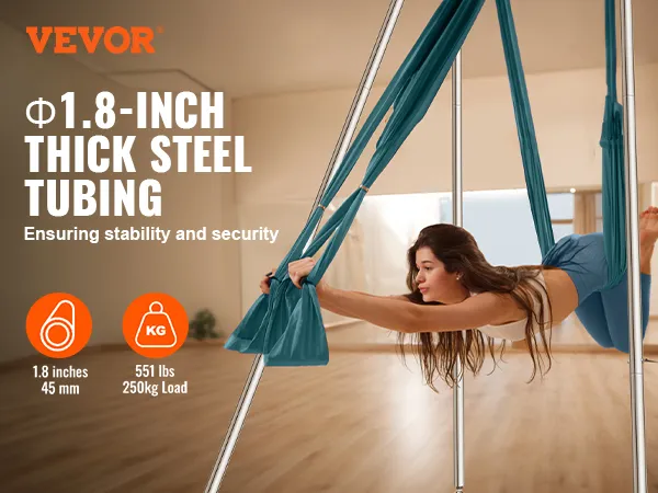 VEVOR aerial yoga frame met 4,5 cm dikke stalen buizen voor stabiliteit en veiligheid in een yogastudio.
