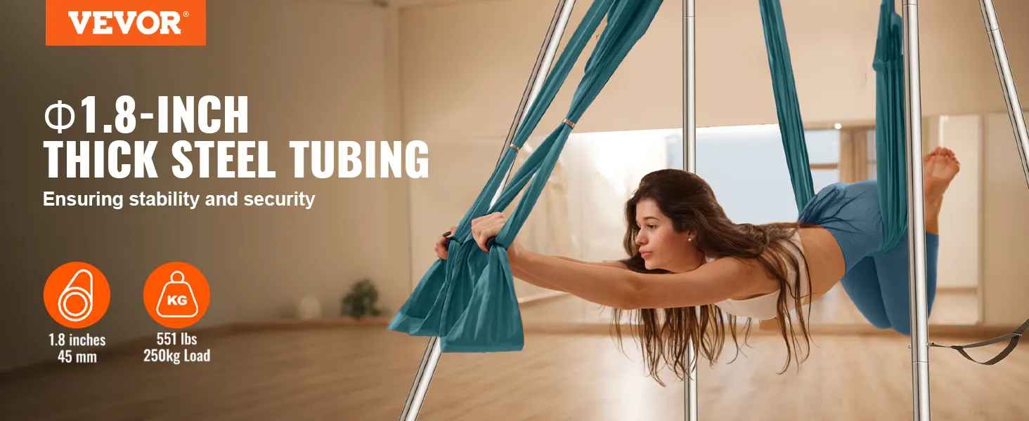 VEVOR aerial yoga frame with 1.8-inch thick steel tubing for stability and security in a yoga studio.