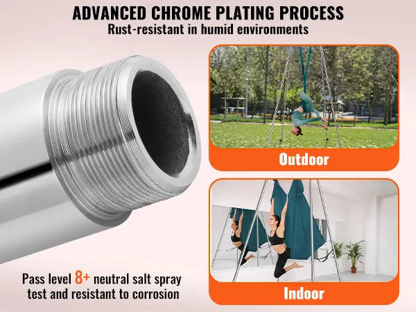 VEVOR aerial yoga frame met geavanceerde chromen afwerking, roestbestendig voor gebruik binnen en buiten.