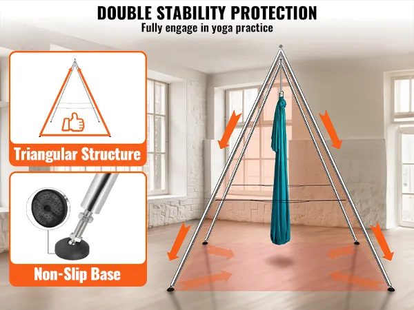 VEVOR aerial yoga frame met dubbele stabiliteitsbescherming, voorzien van antislipbasis en driehoekige structuur.