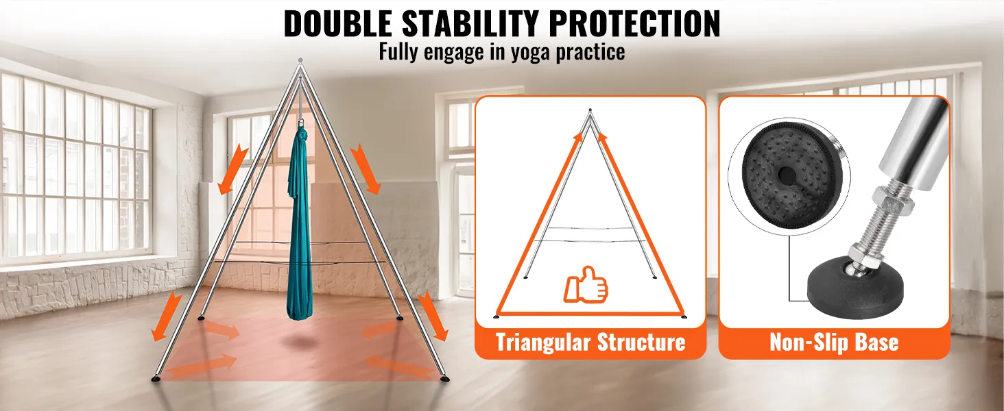 VEVOR aerial yoga frame with double stability protection, featuring non-slip base and triangular structure.