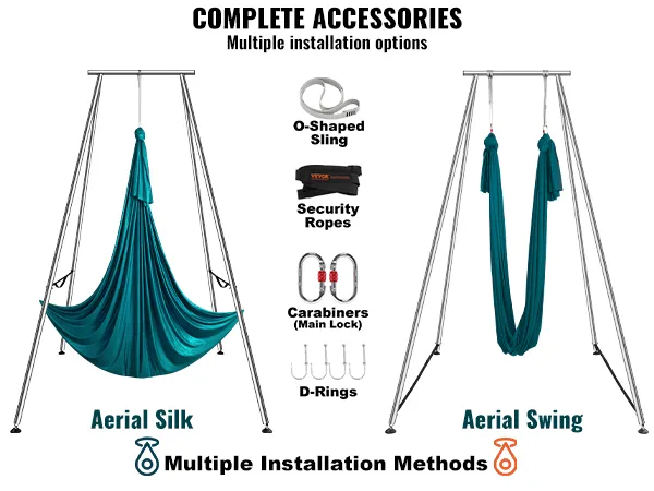 VEVOR aerial yoga frame met aerial zijde en schommel, compleet met o-vormige draagband, veiligheidslijnen, karabijnhaken en d-ringen.