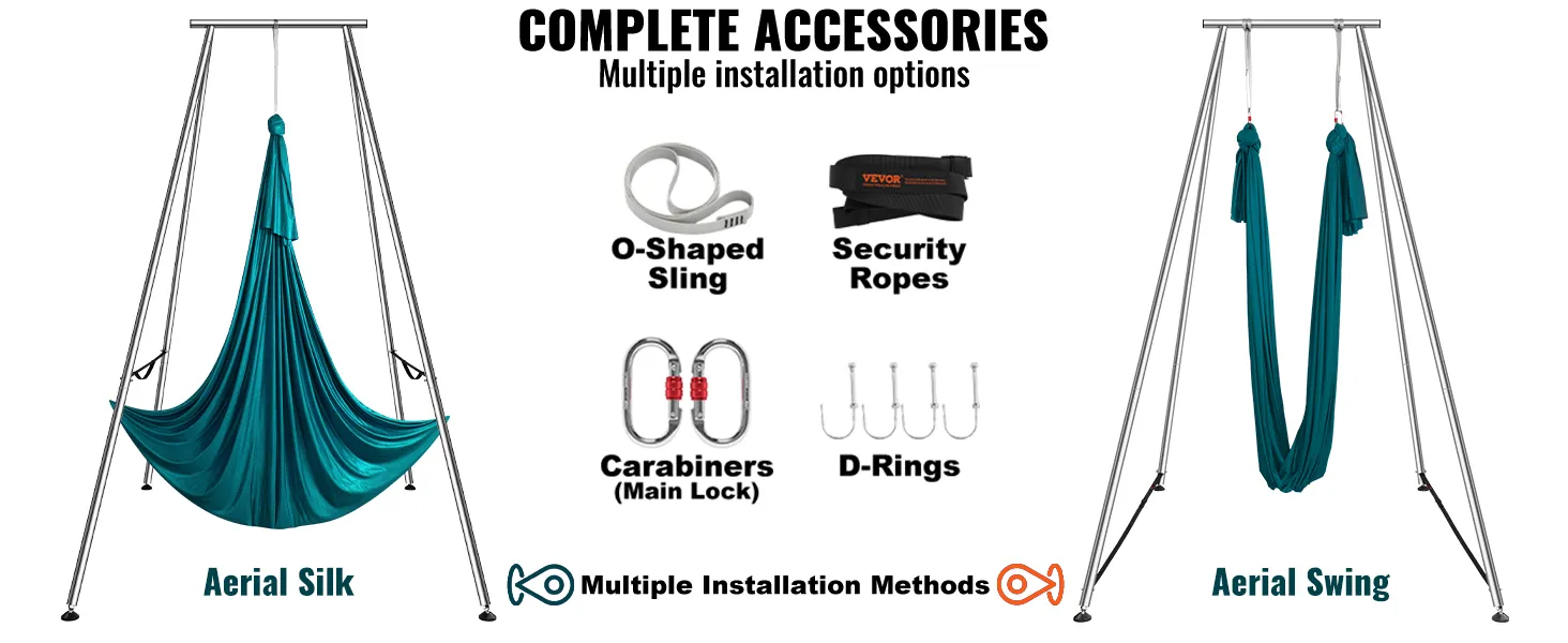 VEVOR aerial yoga frame with aerial silk and swing, complete with o-shaped sling, security ropes, carabiners, and d-rings.
