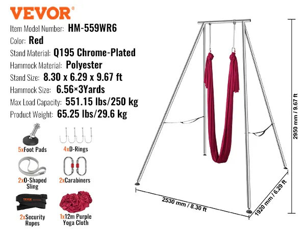 VEVOR aerial yoga hangmatstandaard en accessoires, rood polyester, q195 verchroomd materiaal, draagvermogen van 250 kg.