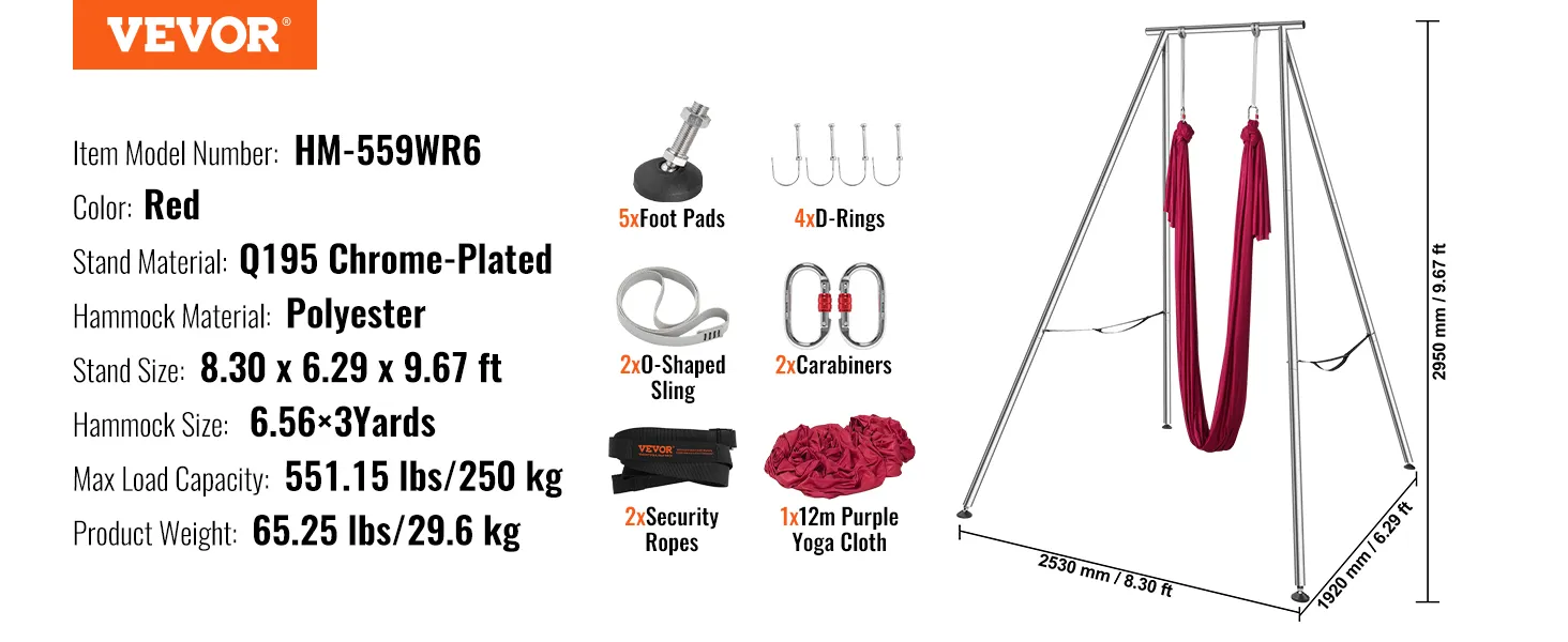 VEVOR aerial yoga hammock stand and accessories, red polyester, q195 chrome-plated material, 551lbs capacity.