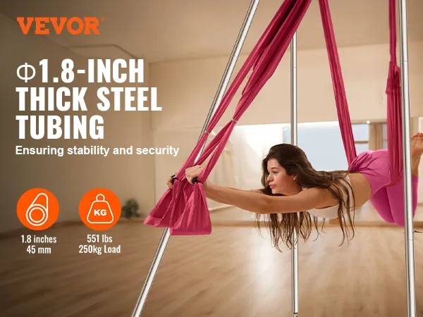 VEVOR aerial yoga hangmat in roze, opgehangen aan 4,5 cm dikke stalen buizen voor stabiliteit en veiligheid.