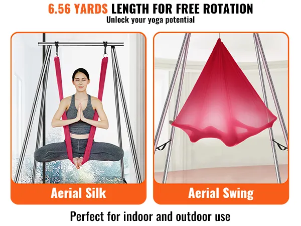 VEVOR aerial yoga hangmatopstelling met demonstratie van aerial silk- en swingtechnieken.