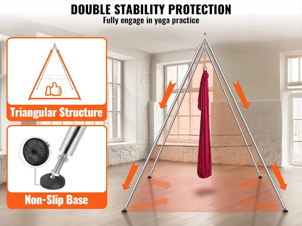 VEVOR aerial yoga hangmat met driehoekig frame en antislipbodem voor dubbele stabiliteitsbescherming.