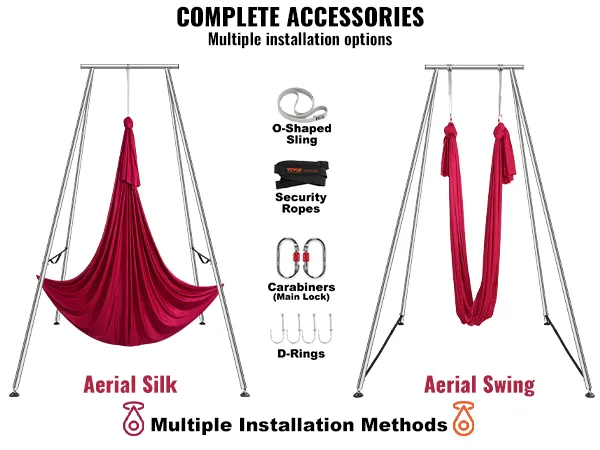 VEVOR aerial yoga hangmat met complete accessoires, inclusief aerial zijde, aerial swing, karabijnhaken, d-ringen en veiligheidslijnen.