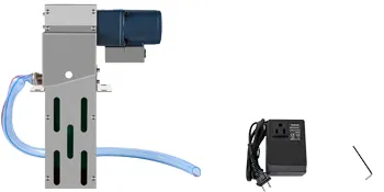 Desnatador de aceite de banda VEVOR con manguera azul, fuente de alimentación y herramienta incluida.