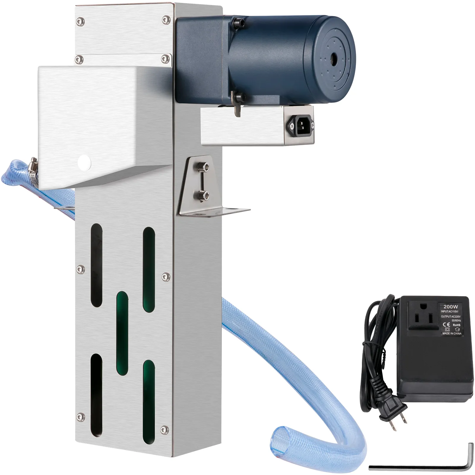 Desnatador de aceite de correa VEVOR con manguera azul y fuente de alimentación negra, vista frontal.