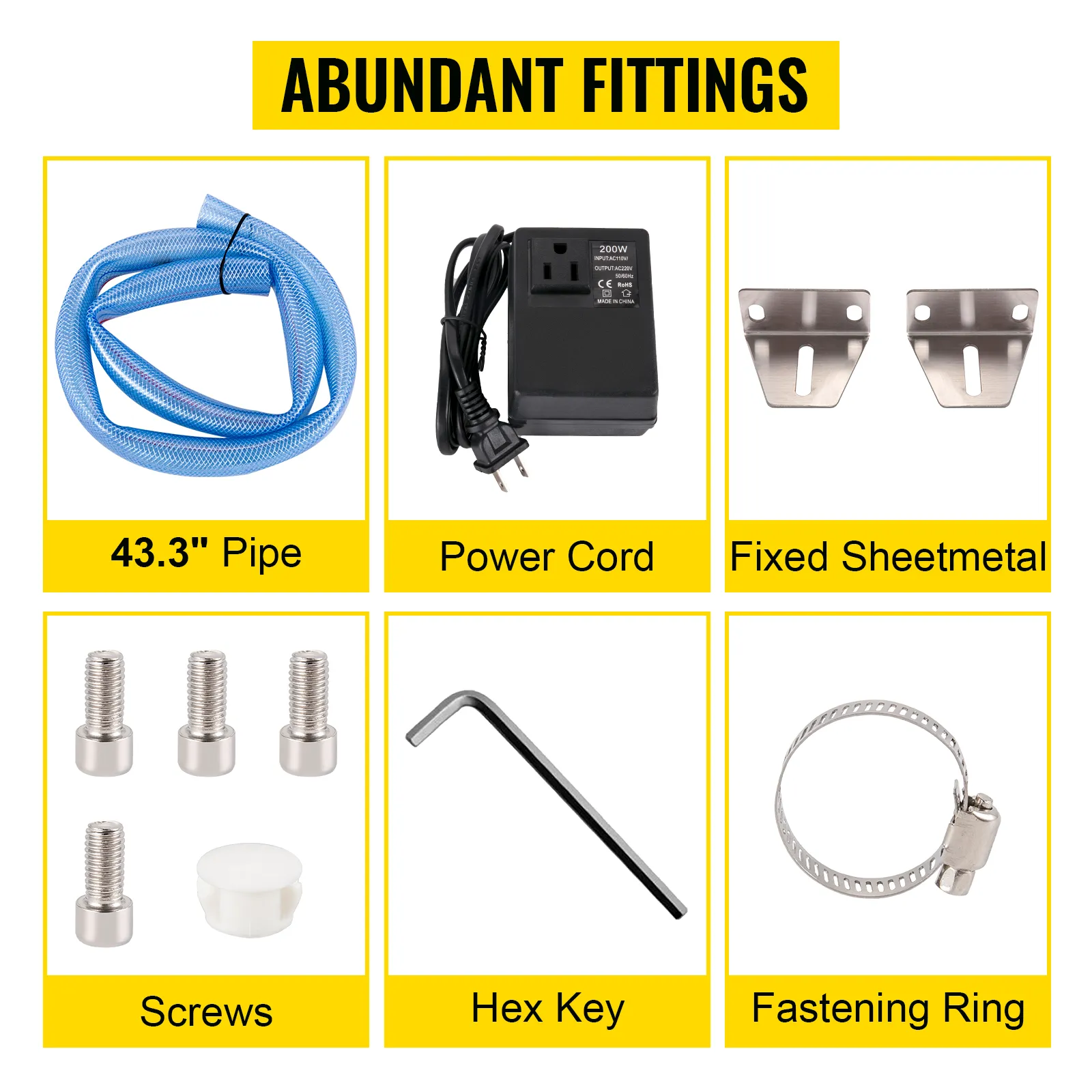 Abundantes accesorios para el separador de aceite de banda VEVOR: tubería, cable de alimentación, chapa metálica, tornillos, llave hexagonal, anillo.