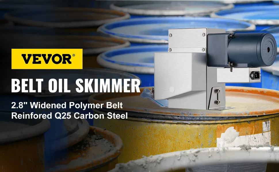 Desnatador de aceite de banda VEVOR sobre bidones industriales con banda de polímero y acero al carbono.