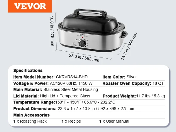 VEVOR electric roaster oven with an 18qt capacity, silver stainless steel, and a high lid with tempered glass.