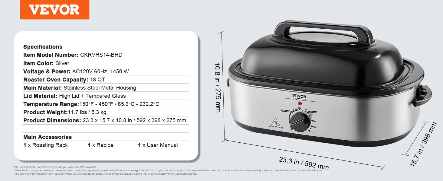 VEVOR electric roaster oven with an 18qt capacity, silver stainless steel, and a high lid with tempered glass.