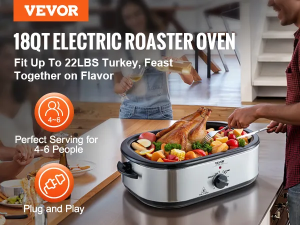 VEVOR electric roaster oven, 18qt, perfect for serving 4-6 people, featuring a roasted turkey.