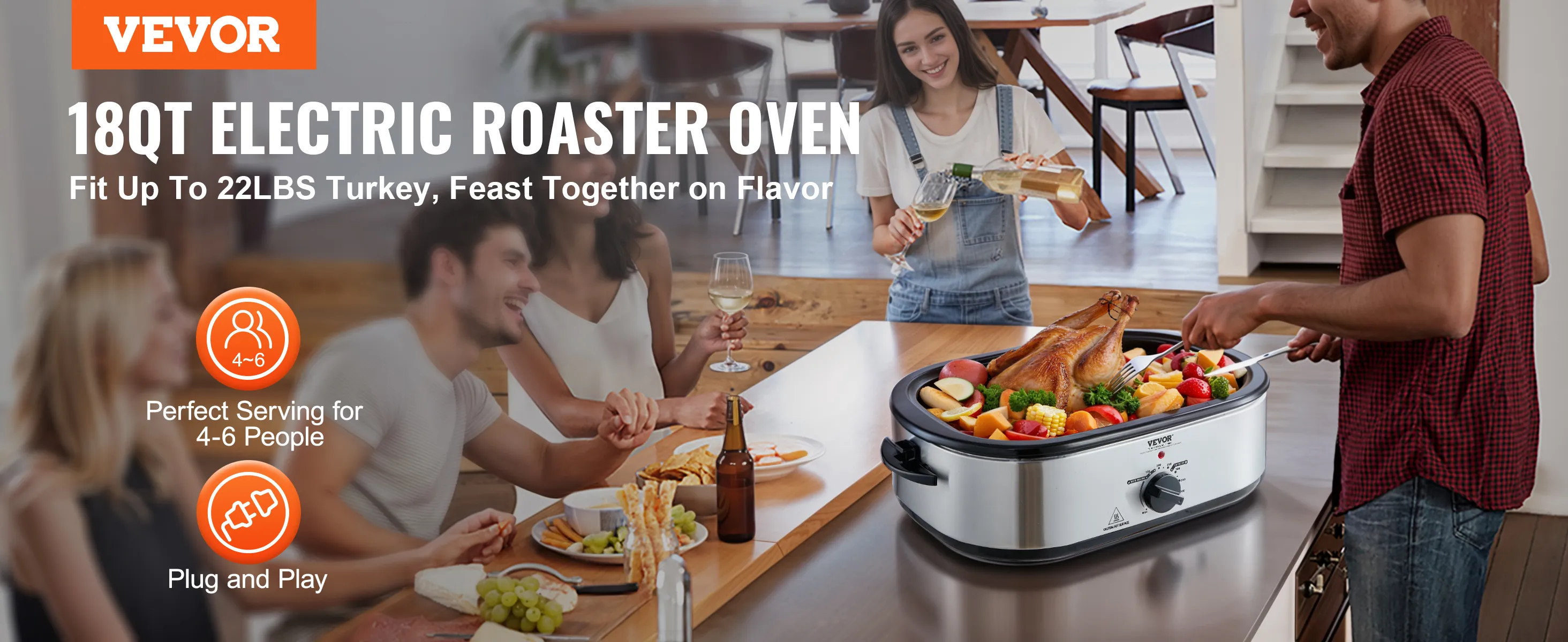 VEVOR electric roaster oven, 18qt, perfect for serving 4-6 people, featuring a roasted turkey.