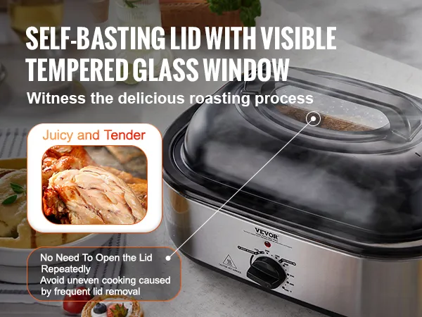 VEVOR electric roaster oven with self-basting lid, visible glass, and a juicy roast inside.