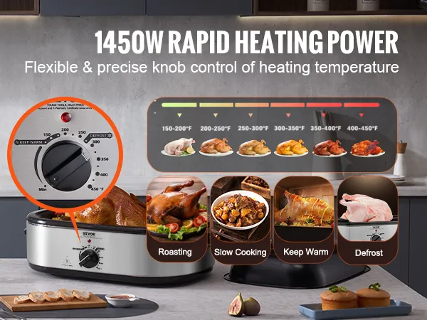 VEVOR electric roaster oven with 1450w rapid heating power and flexible temperature control knob.