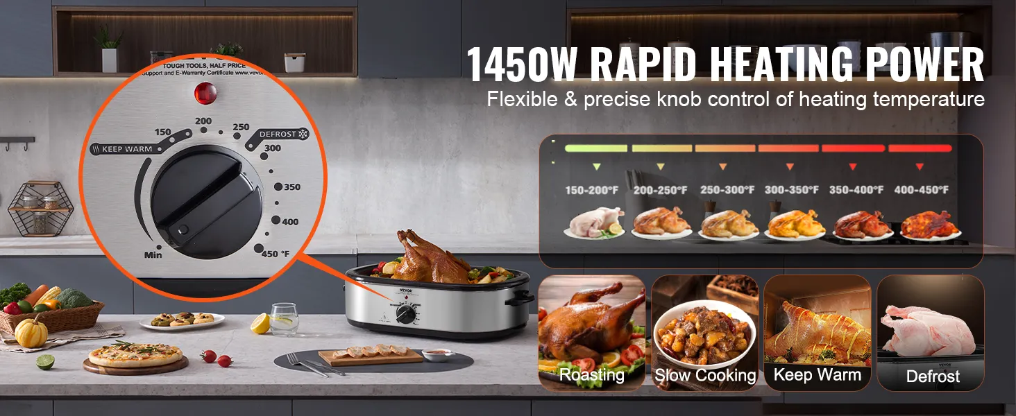 VEVOR electric roaster oven with 1450w rapid heating power and flexible temperature control knob.