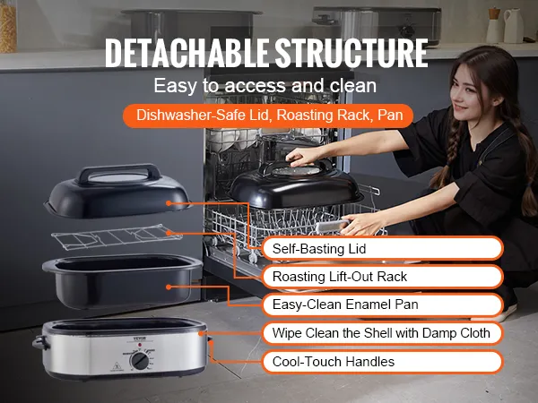 VEVOR electric roaster oven with detachable parts: self-basting lid, lift-out rack, enamel pan, cool-touch handles.