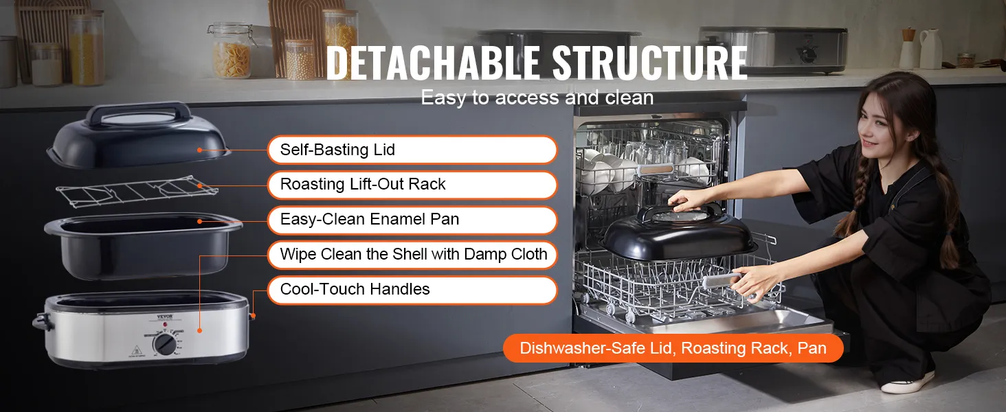 VEVOR electric roaster oven with detachable parts: self-basting lid, lift-out rack, enamel pan, cool-touch handles.