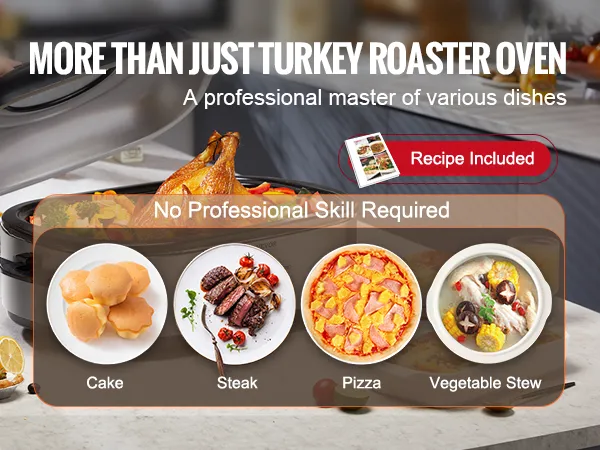 VEVOR electric roaster oven cooking turkey with vegetables, cakes, steaks, pizza, and vegetable stew.