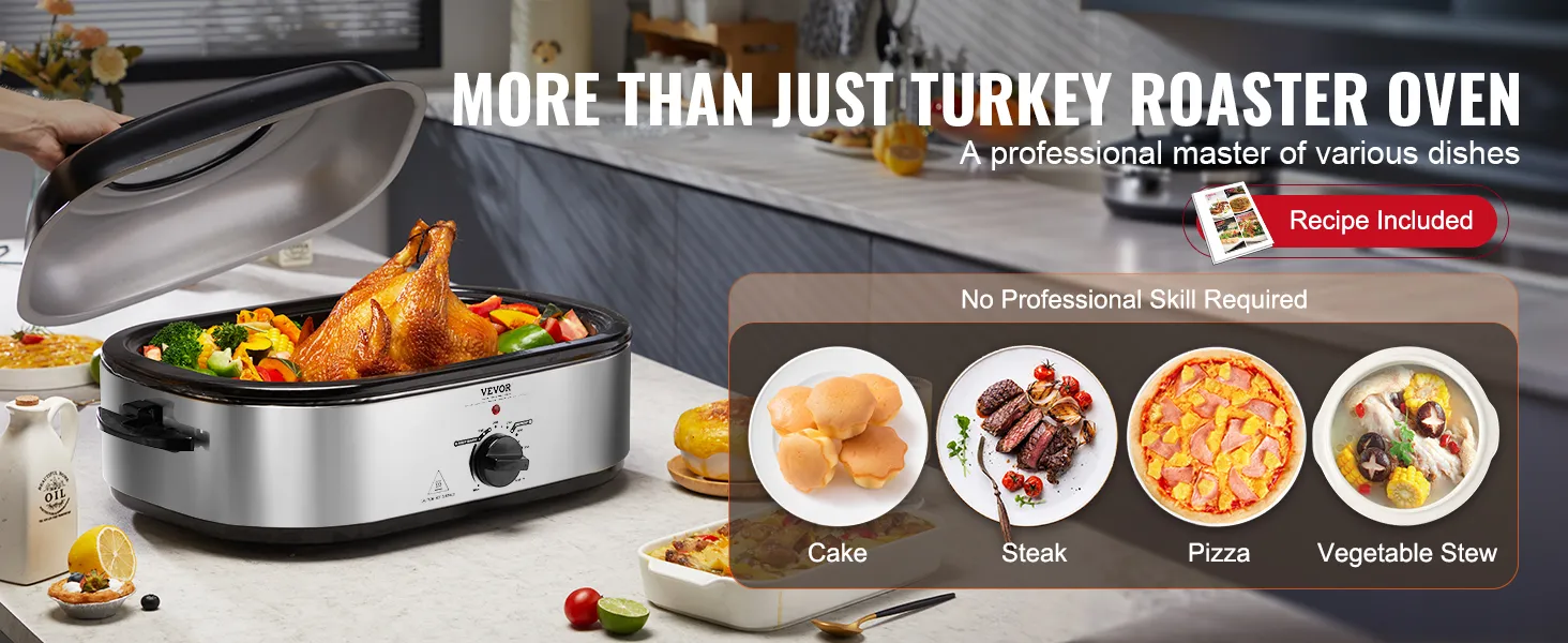 VEVOR electric roaster oven cooking turkey with vegetables, cakes, steaks, pizza, and vegetable stew.