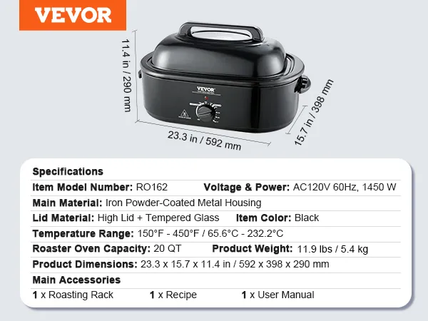 Horno tostador eléctrico VEVOR con capacidad de 20 qt, color negro, tapa alta, vidrio templado, 150°f-450°f.