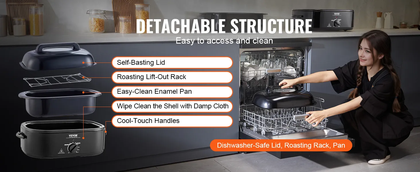 Horno tostador eléctrico VEVOR con estructura desmontable, tapa apta para lavavajillas, sartén y asas frías al tacto.