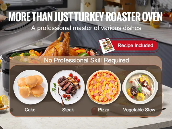 Horno asador eléctrico VEVOR con pavo, verduras y diversas opciones de platos: pastel, bistec, pizza, guiso.