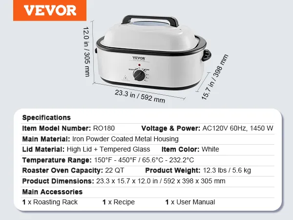 Horno tostador eléctrico VEVOR, capacidad de 22 qt, 150°f-450°f, carcasa con revestimiento de polvo de hierro, color blanco.