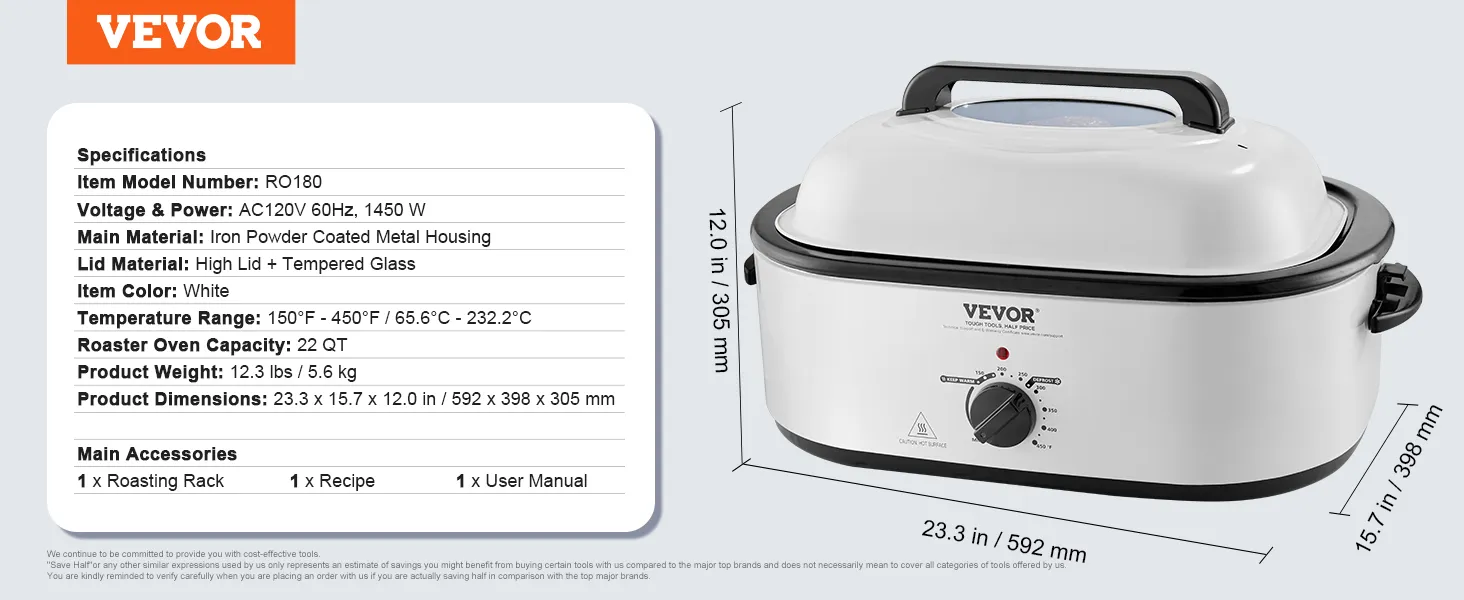 Horno tostador eléctrico VEVOR, capacidad de 22 qt, 150°f-450°f, carcasa con revestimiento de polvo de hierro, color blanco.